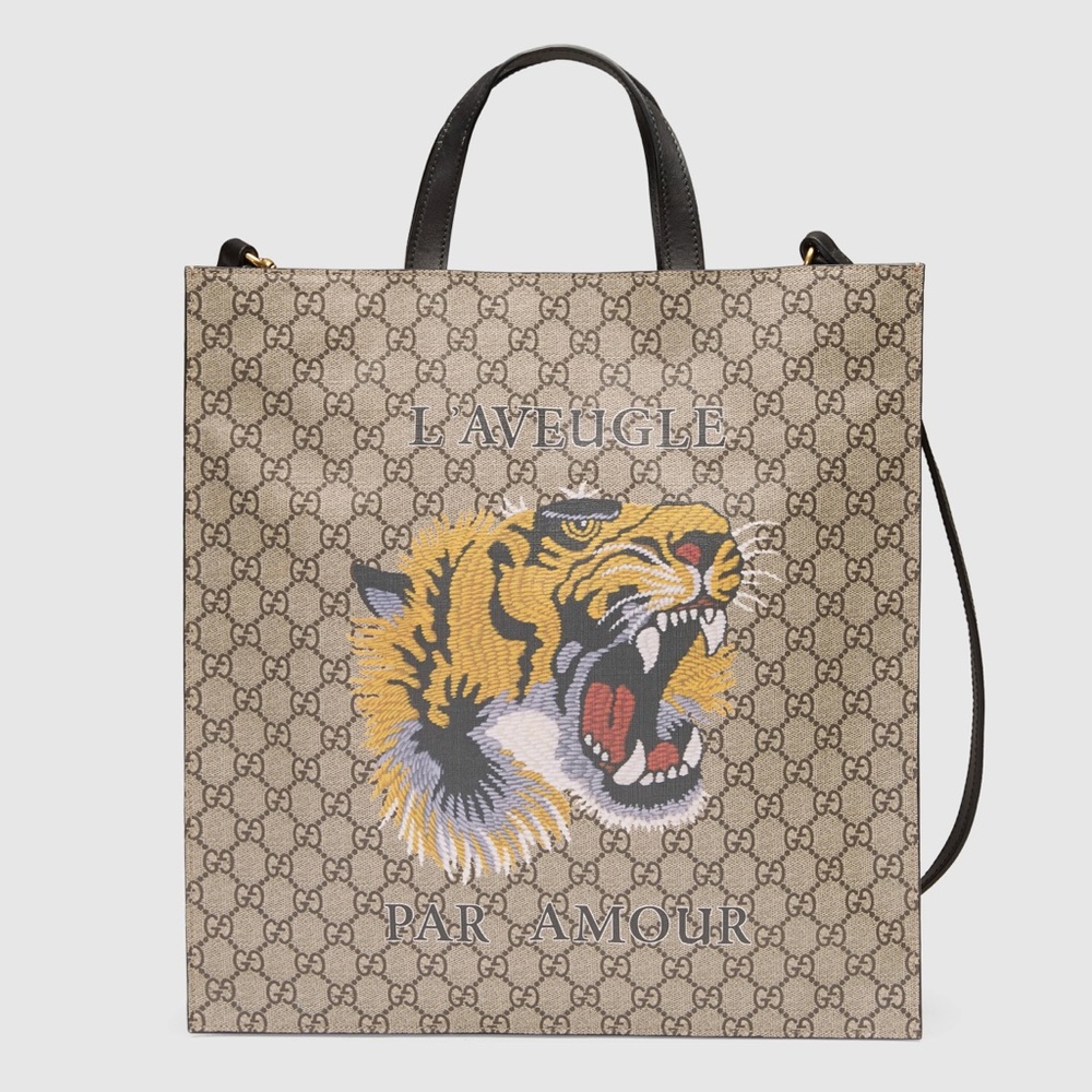 Gucci Tiger Face Soft GG Supreme Tote, Beige